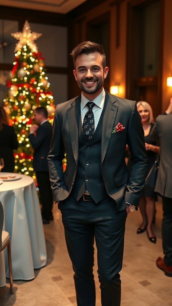 Stylish Christmas Party Outfits for Men A man in a tailored suit with a festive tie at a Christmas party, surrounded by holiday decorations.